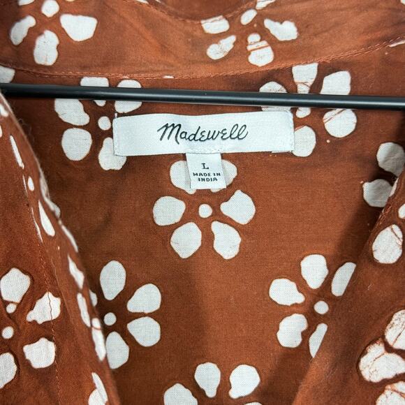 Madewell Floral Block Print Camp Shirt Size Large Brown Button Up Short Sleeve - Picture 4 of 6